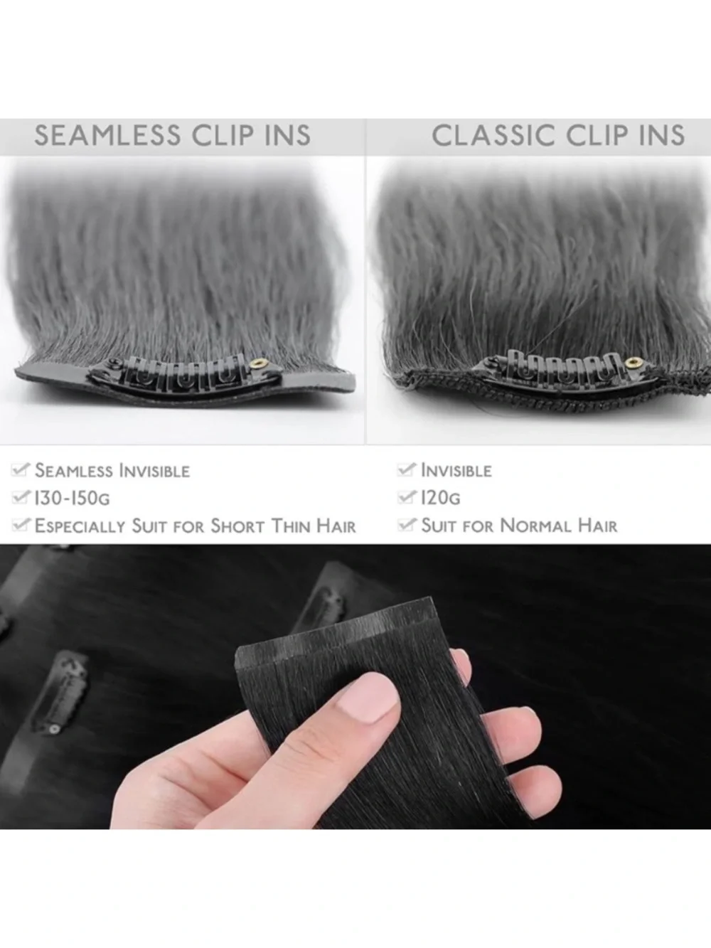 Seamless Clip In Human Hair Extensions 16 “ 130g 7pcs #B1 Invisible PU Skin Weft